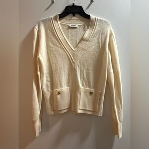 Sandro Ivory V-Neck Sweater with Front Pockets